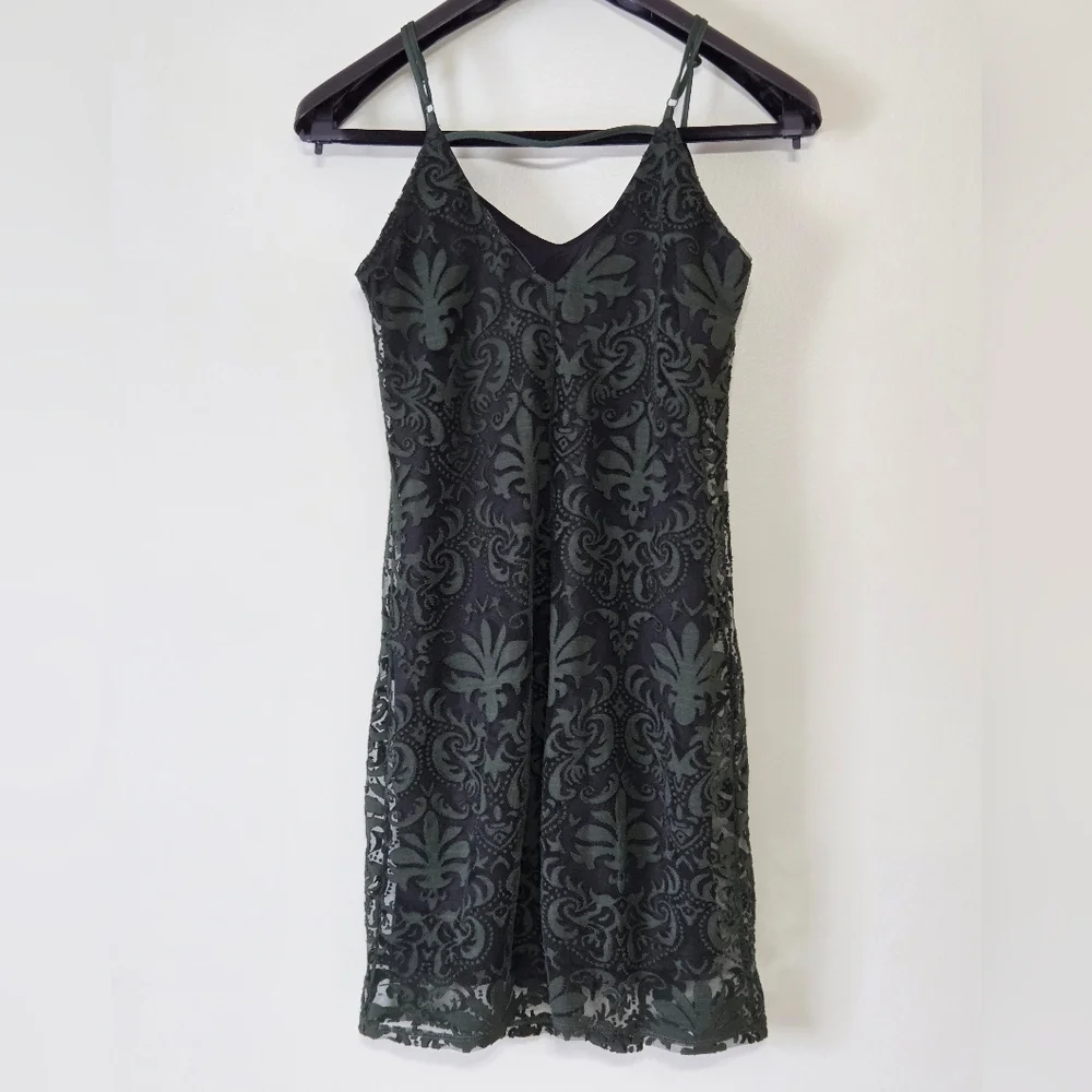 Dex Emerald Green+Black Damask Mesh Mini Dress Sz S Whimsigoth - Picture 14 of 16
